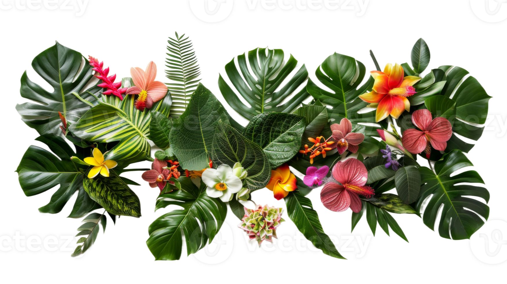 Exotic jungle plants and flowers on the transparent background, Format png