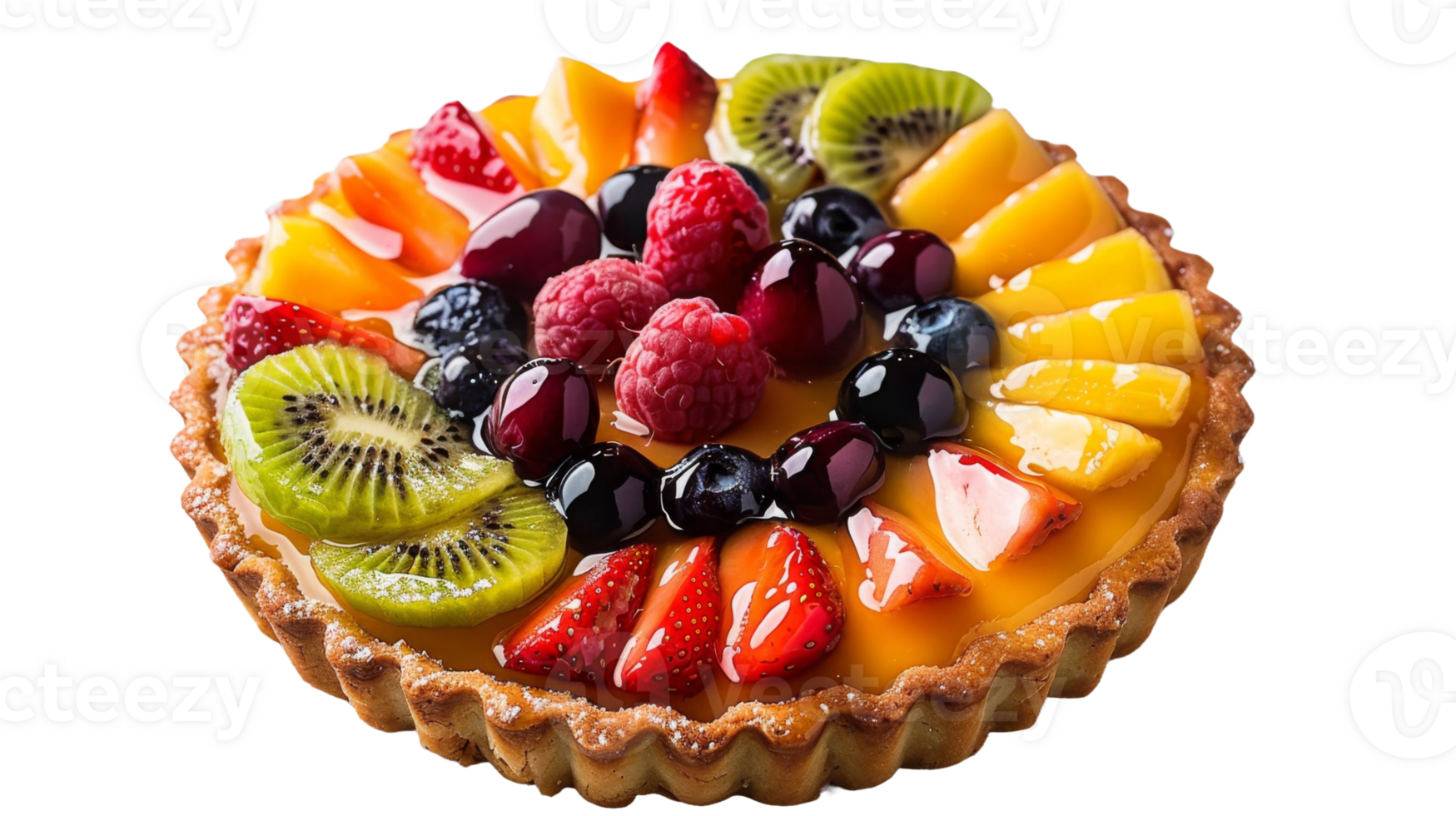 A vibrant fruit tart with a shiny glaze on the transparent background, Format png