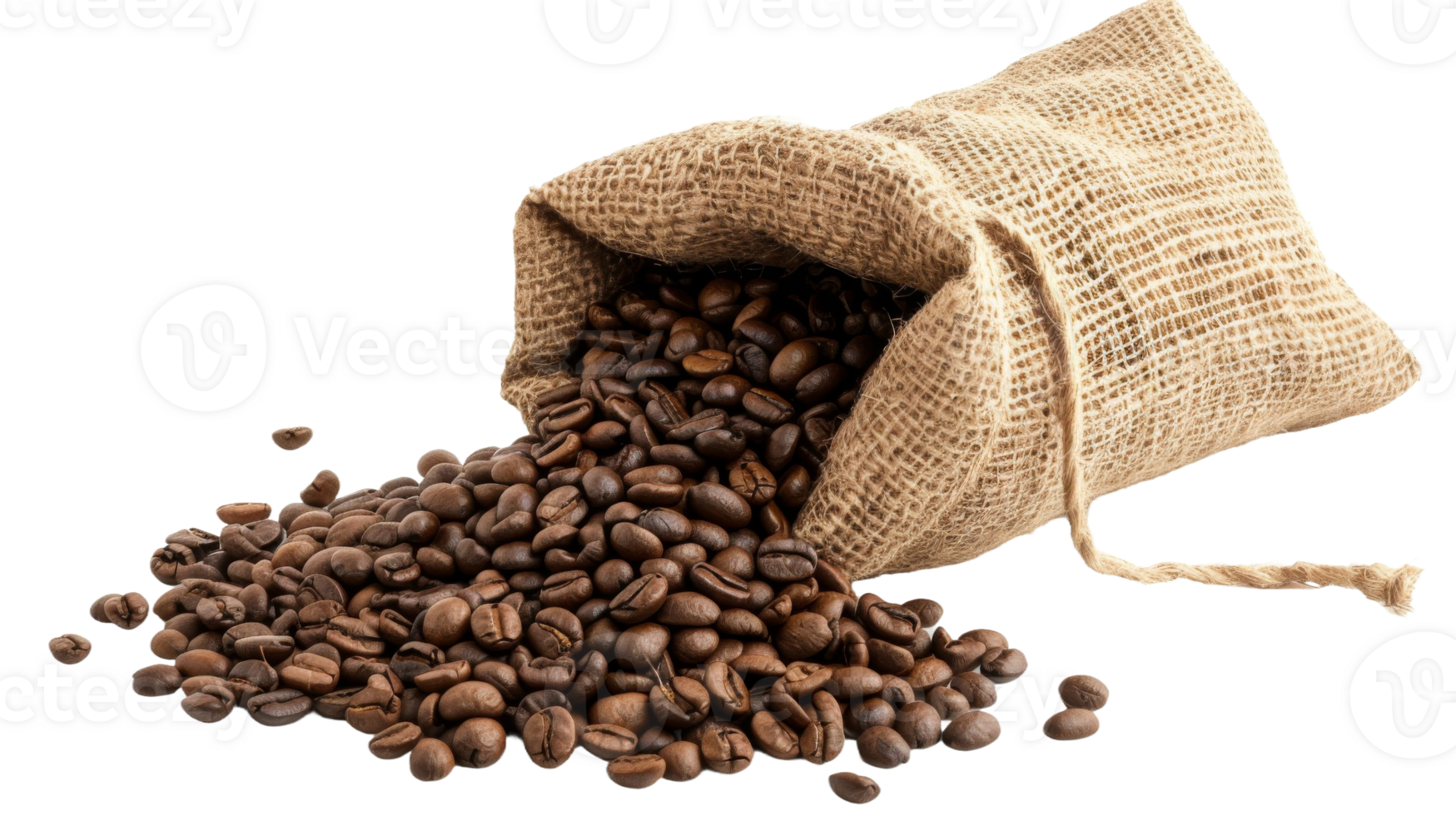 Burlap sack filled with coffee beans on the transparent background, Format png