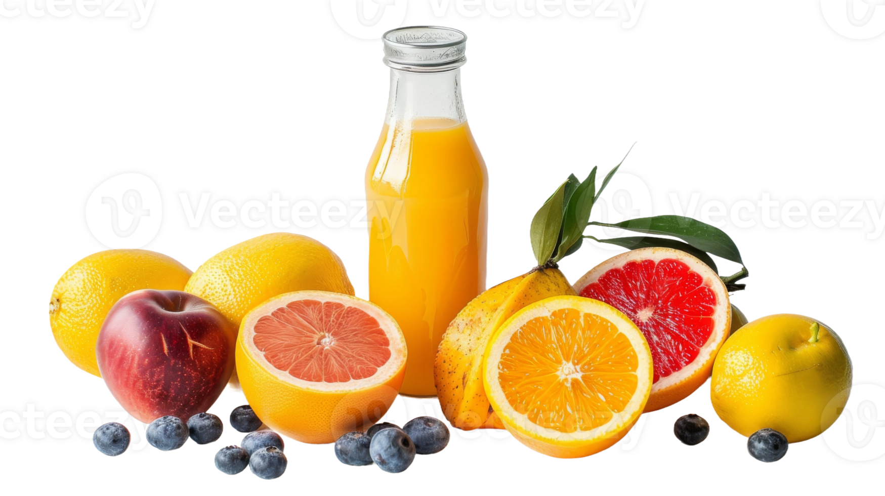Fresh fruits accompanied by juice on the transparent background, Format png