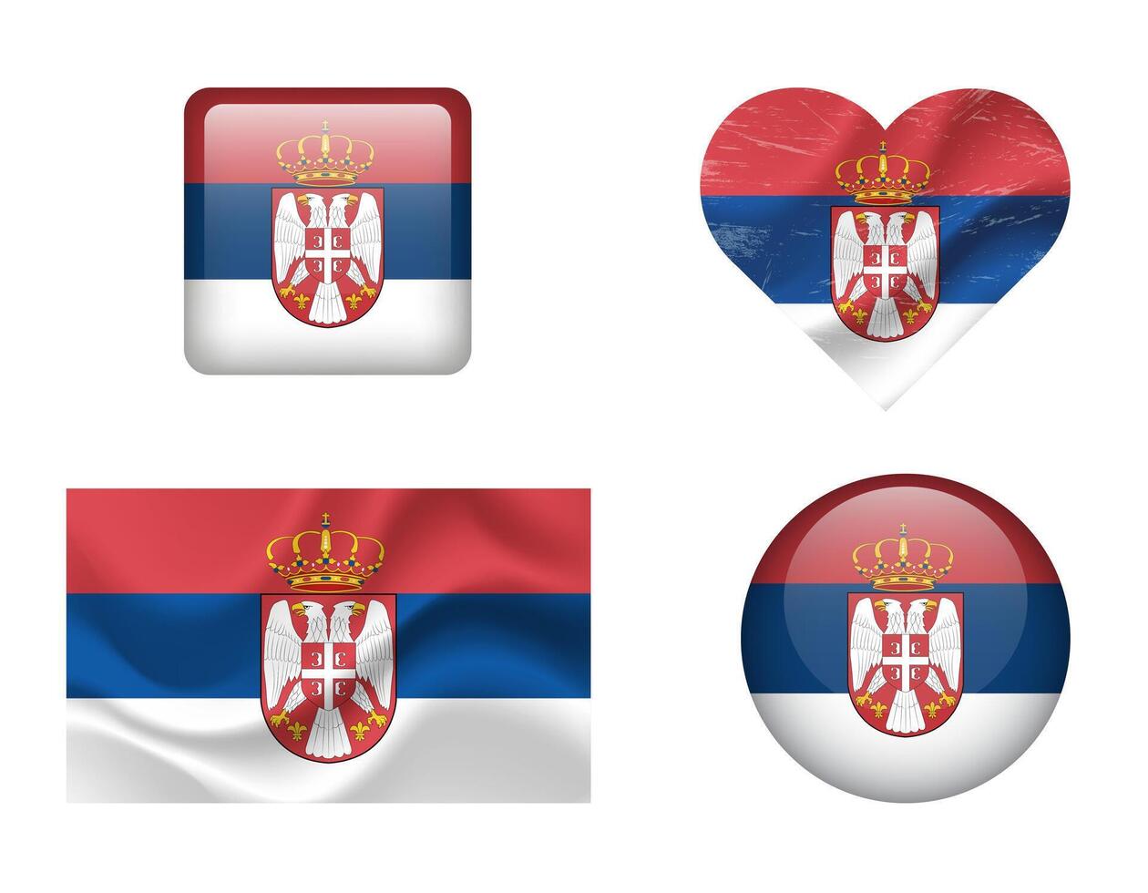 Serbia flag set of icons. flag of Serbia, symbol. Set of serbian flags button, waved, heart. vector