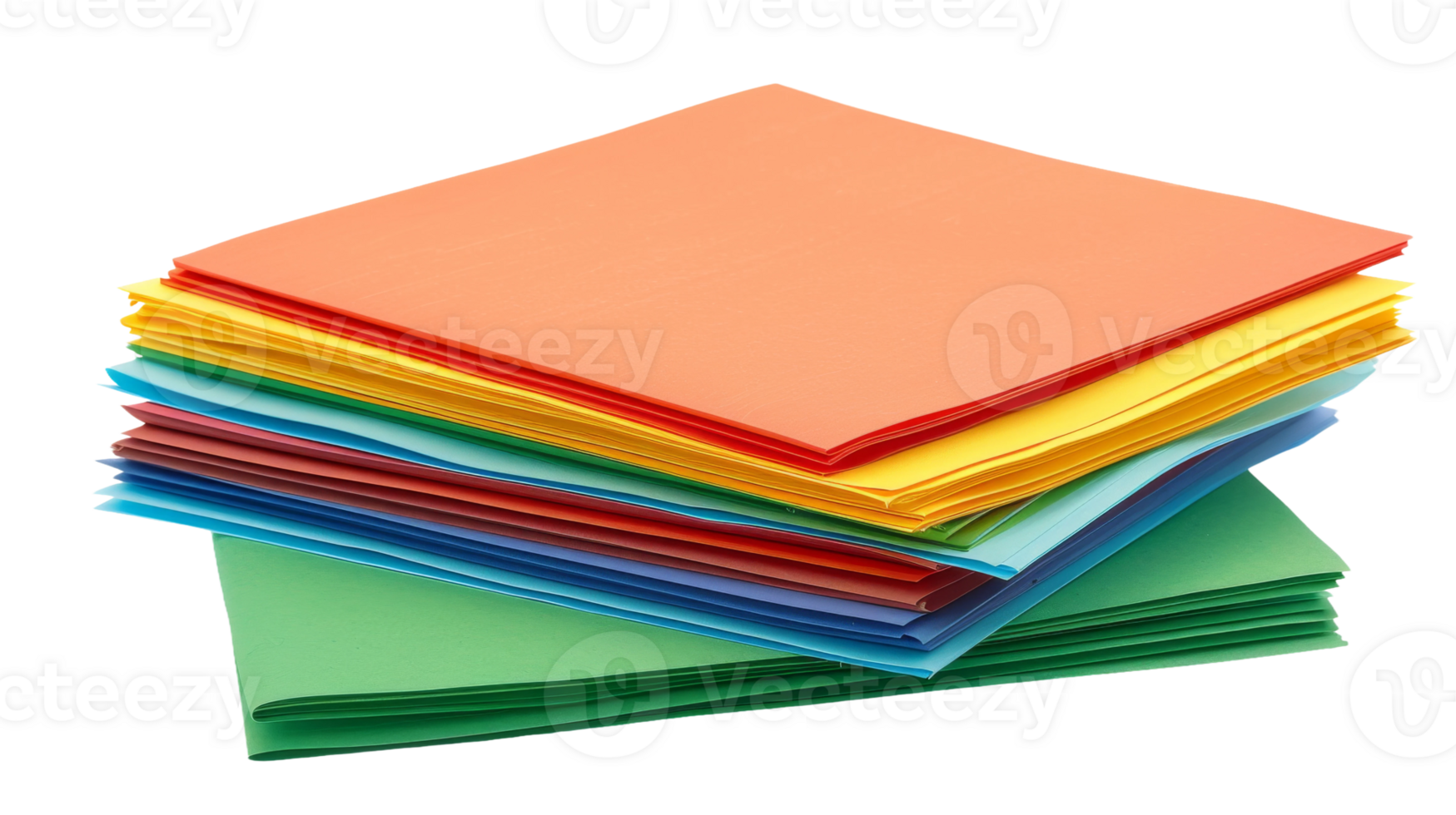 A pile of vibrant construction paper, meticulously stacked on the transparent background, Format png