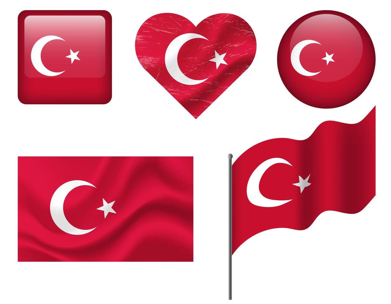 Turkey flag set of icons. flag of Turkey, symbol. Set of Turkish flags button, waved, heart. vector