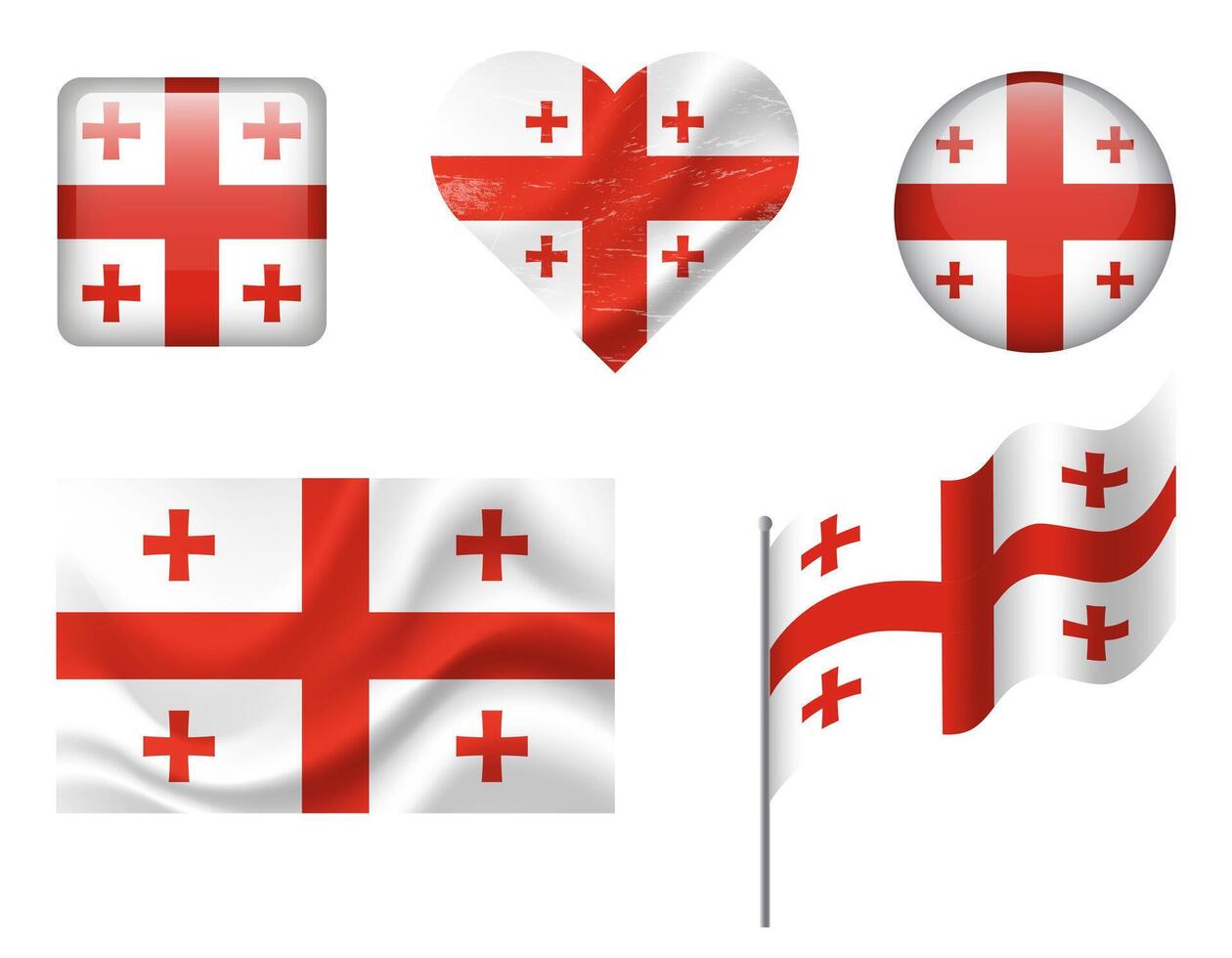 Georgia flag set of icons. flag of Georgia, symbol. Set of Georgian flags button, waved, heart. vector
