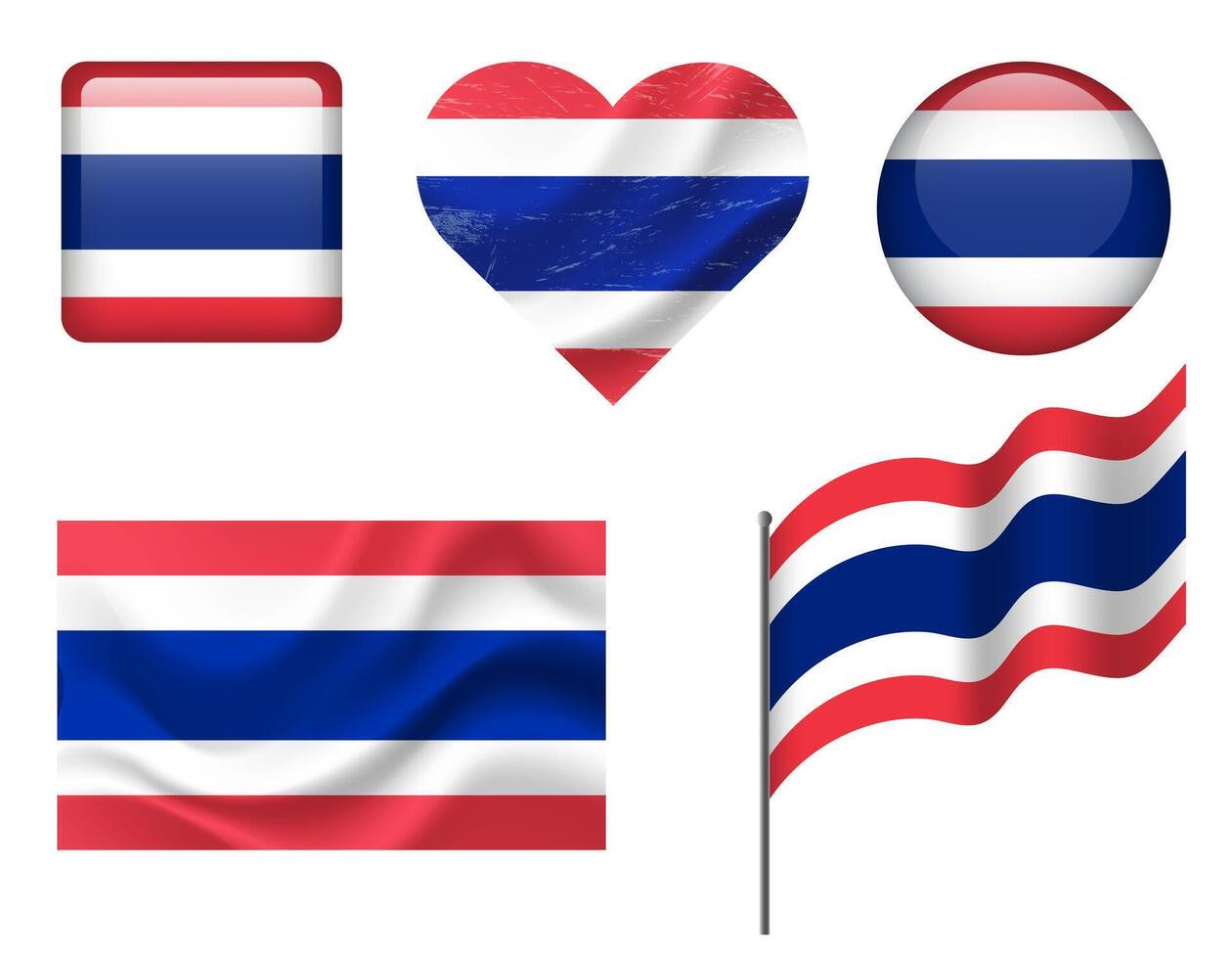 Thailand flag set of icons. flag of Thailand, symbol. Set of Thai flags button, waved, heart. vector
