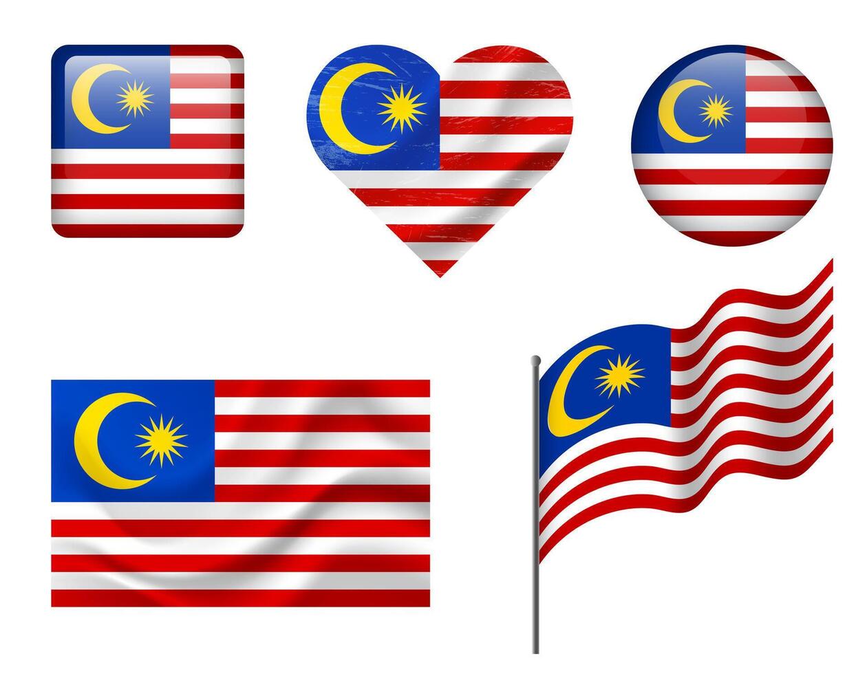 Malaysia flag set of icons. flag of Malaysia symbol. Set of Malaysia flags button, waved, heart. vector