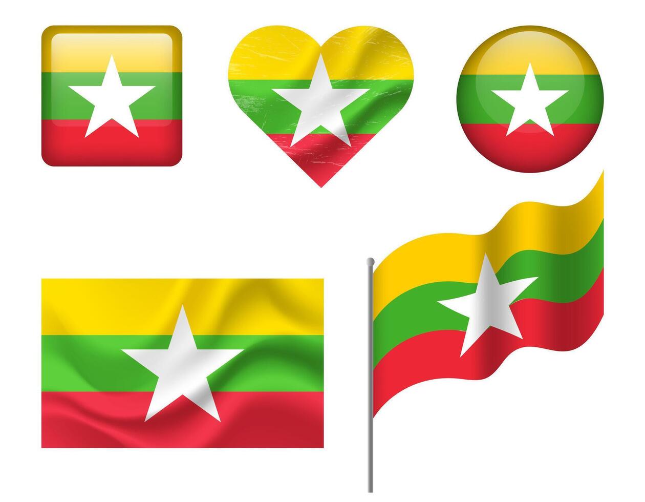 Myanmar flag set of icons. flag of Myanmar symbol. Set of Myanmar flags button, waved, heart. vector