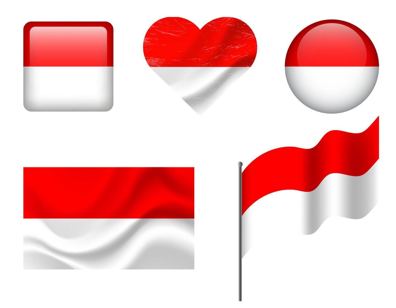 Indonesia flag set of icons. flag of Indonesia symbol. Set of Indonesia flags button, waved, heart. vector
