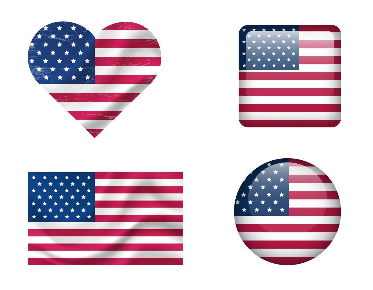 USA flag set of icons. flag of America, symbol. Set of american flags button, waved, heart. vector