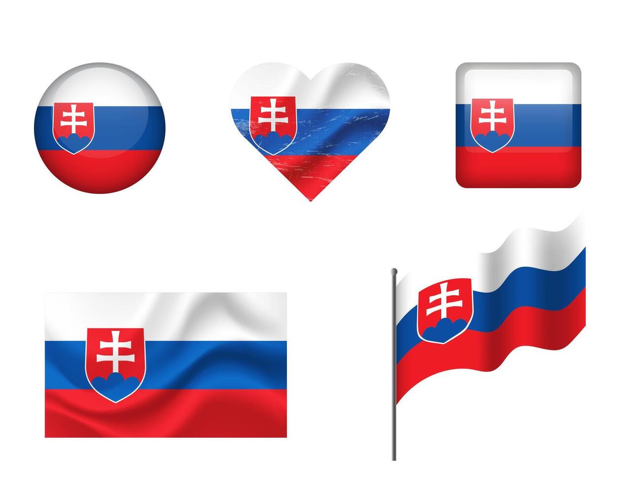 Slovakia flag - set of icons. flag of Slovakia, symbol. Set of Slovakian flags - button, waved, heart. vector