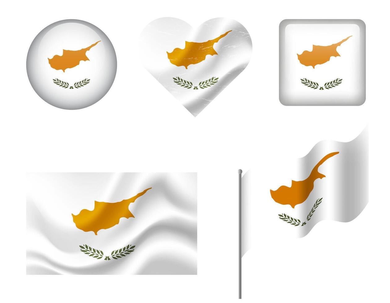 Cyprus flag - set of icons. flag of Cyprus, symbol. Set of Cyprus flags - button, waved, heart. vector