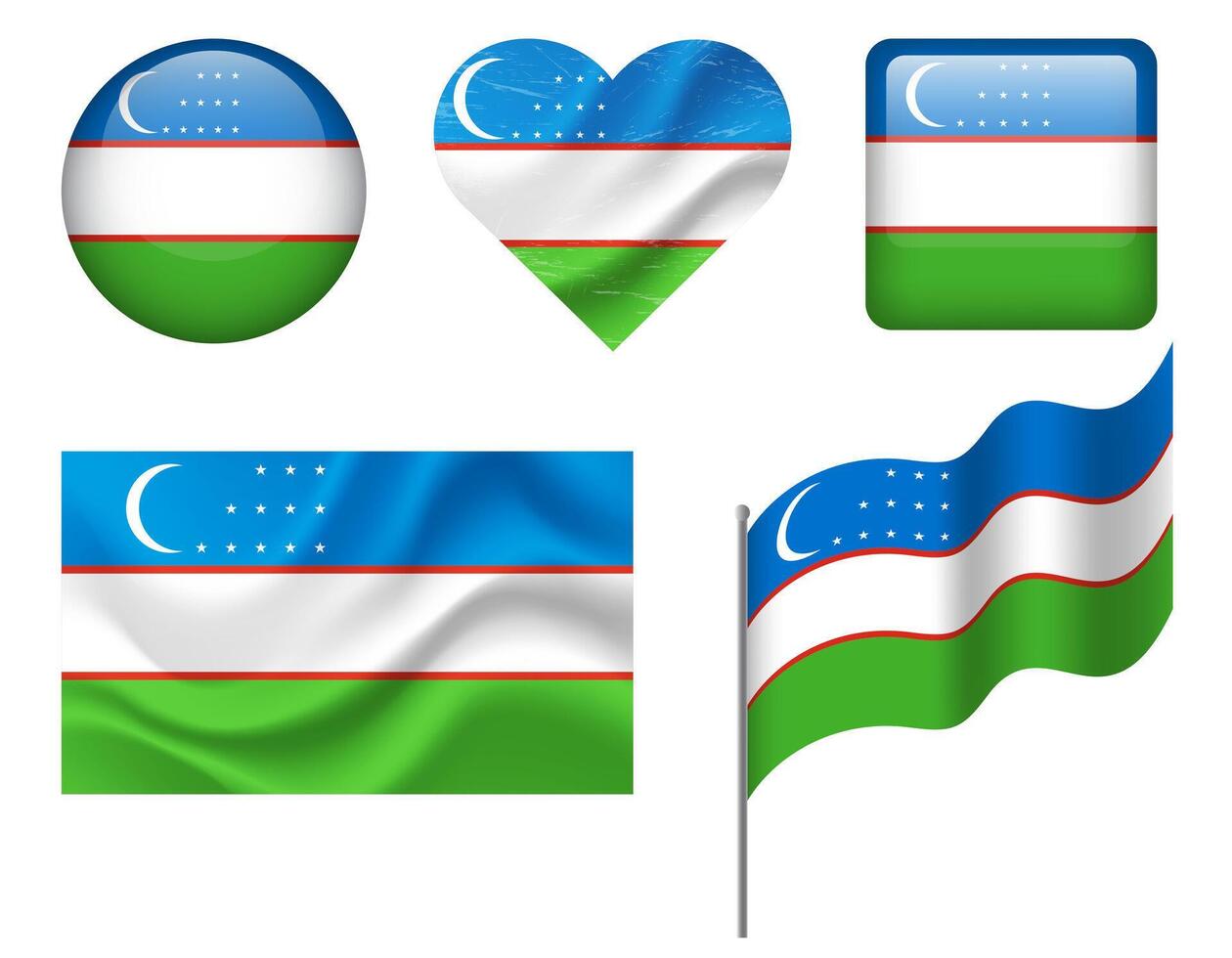 Uzbekistan flag set of icons. flag of Uzbekistan, symbol. Set of Uzbekistan flags button, waved, heart. vector