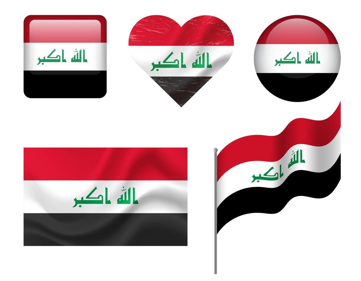 Iraq flag set of icons. flag of Iraq, symbol. Set of Iraq flags button, waved, heart. vector