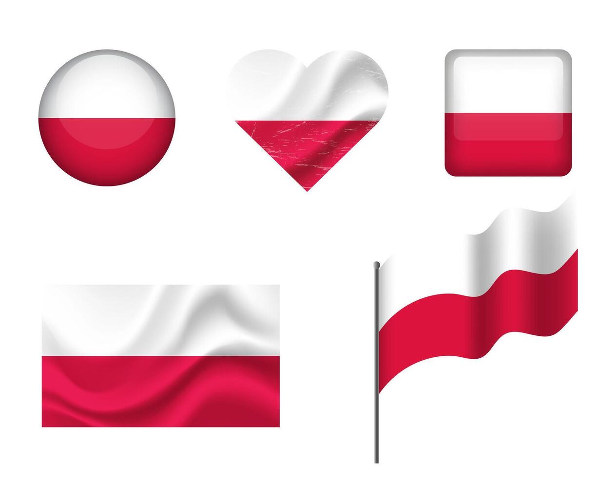 Poland flag - set of icons. flag of Poland, symbol. Set of Polish flags - button, waved, heart. vector
