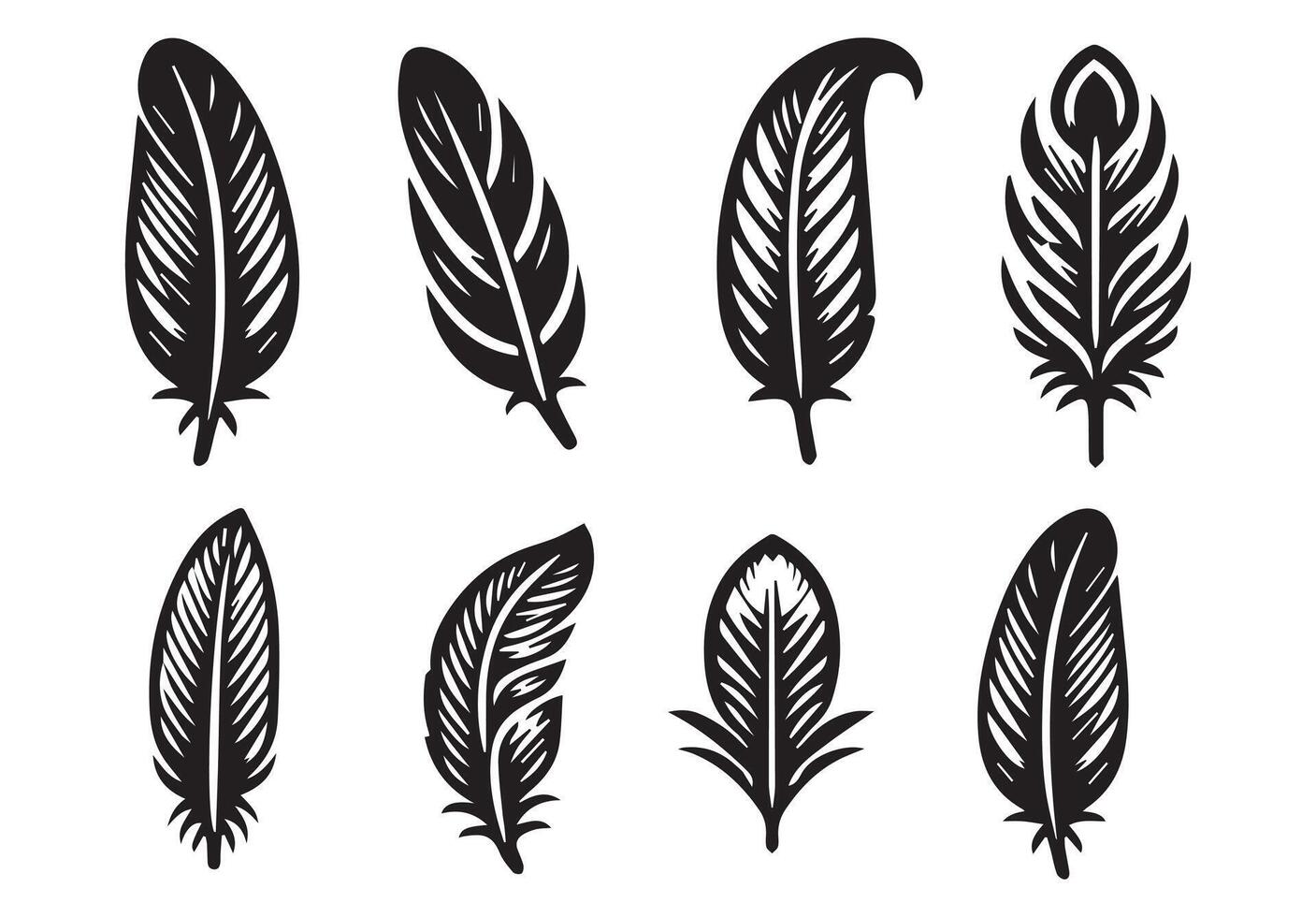 silhouette Feather Set icon type, distinct feather logo position, isolated on a white background vector