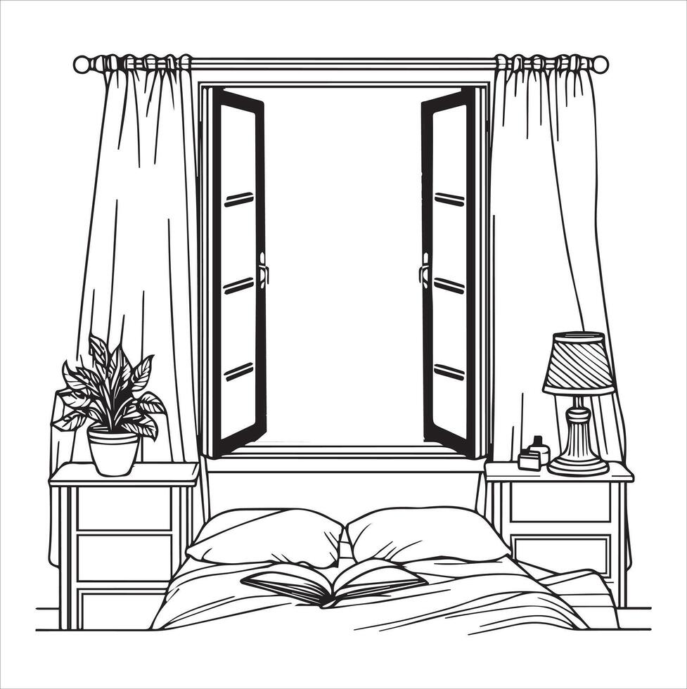 A line-drawn illustration of a window or mirror in black and white. vector