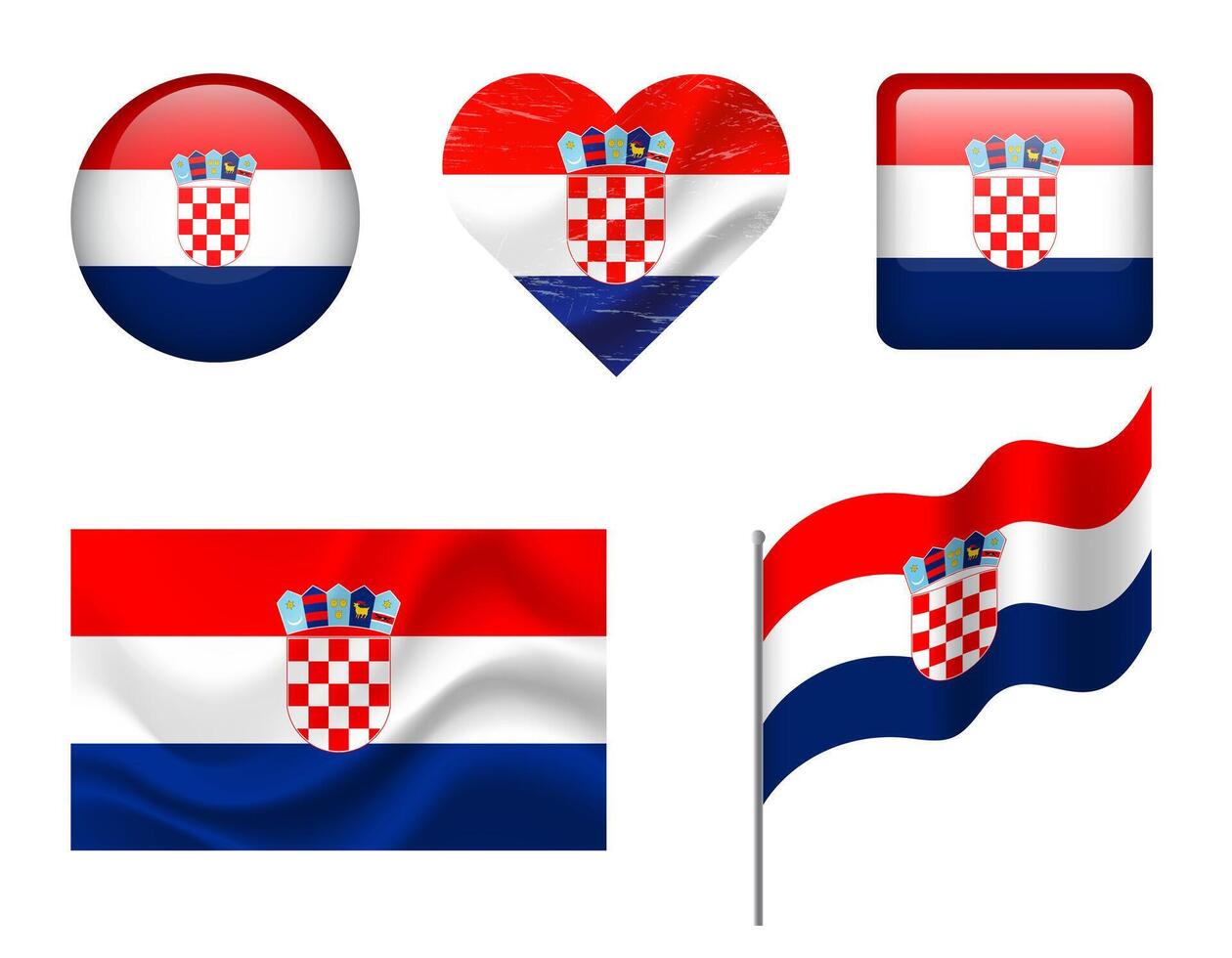 Croatia flag set of icons. flag of Croatia, symbol. Set of Croatian flags - button, waved, heart. vector