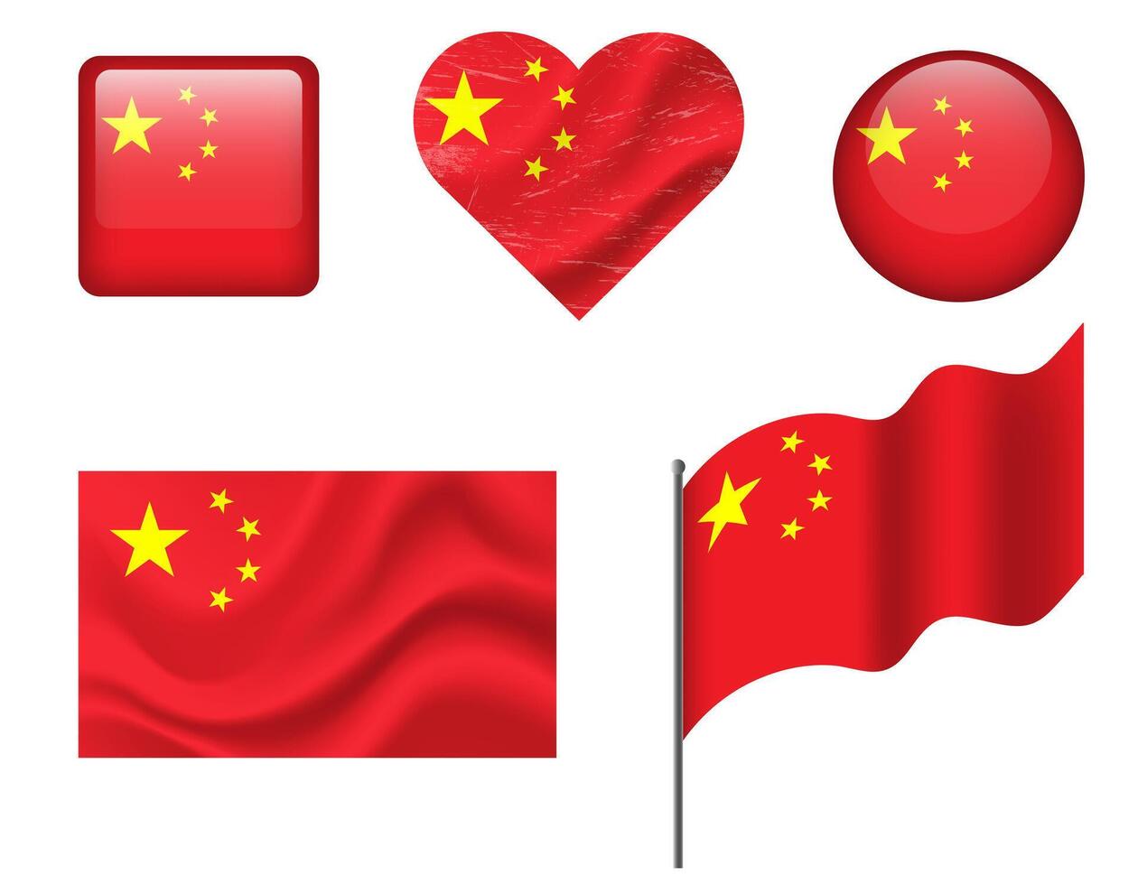 China flag set of icons. flag of China symbol. Set of China flags button, waved, heart. vector