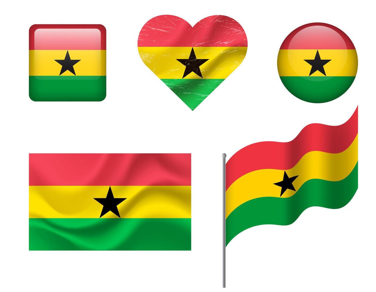 Ghana flag set of icons. flag of Ghana, symbol. Set of Ghana flags button, waved, heart. vector