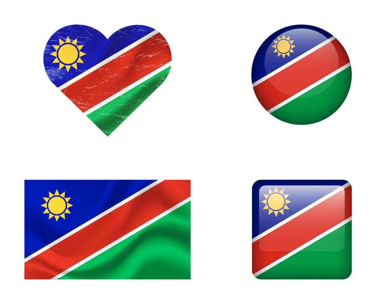 Namibia flag set of icons. flag of Namibia, symbol. Set of Namibian flags button, waved, heart. vector