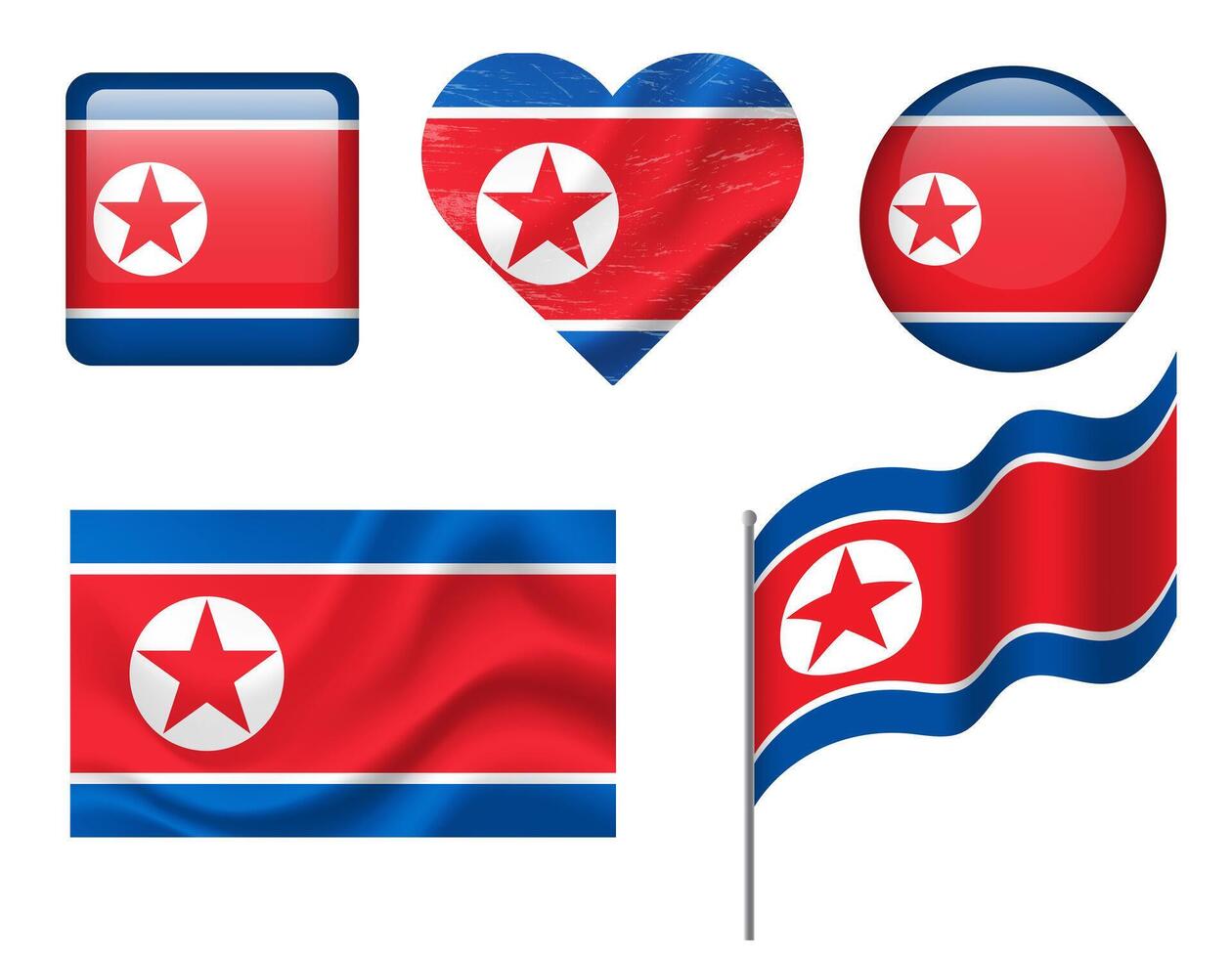 North Korea flag set of icons. flag of North Korea symbol. Set of korean flags button, waved, heart. vector