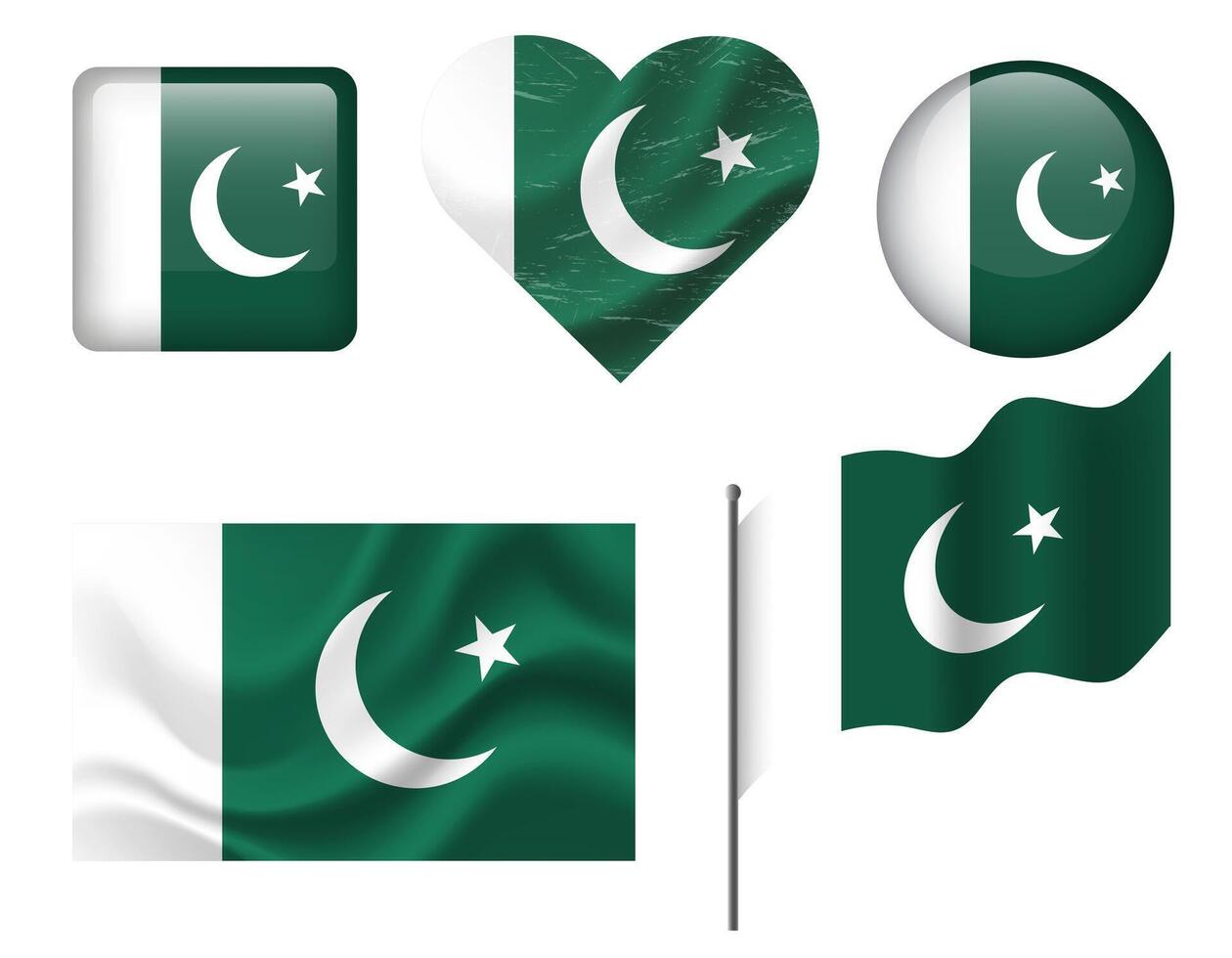 Pakistan flag set of icons. flag of Pakistan symbol. Set of Pakistan flags button, waved, heart. vector