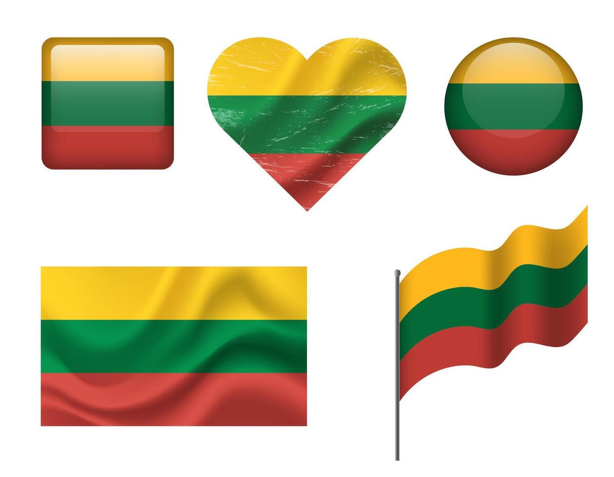 Lithuania flag set of icons. flag of Lithuania, symbol. Set of Lithuania flags button, waved, heart. vector
