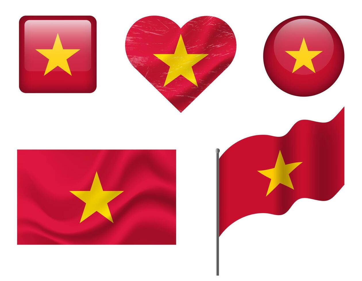 Vietnam flag set of icons. flag of Vietnam symbol. Set of Vietnam flags button, waved, heart. vector