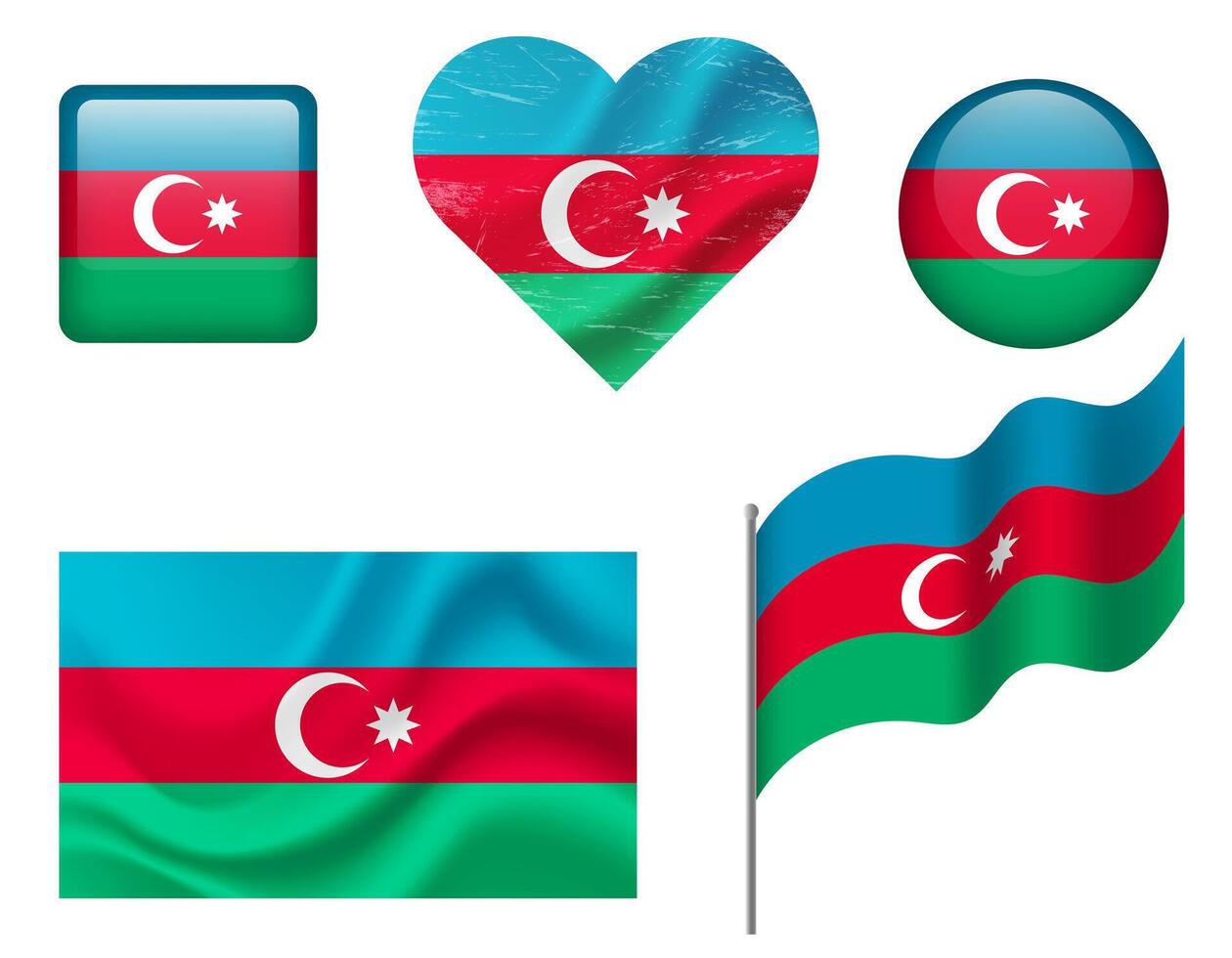 Azerbaijan flag set of icons. flag of Azerbaijan, symbol. Set of Azerbaijan flags button, waved, heart. vector