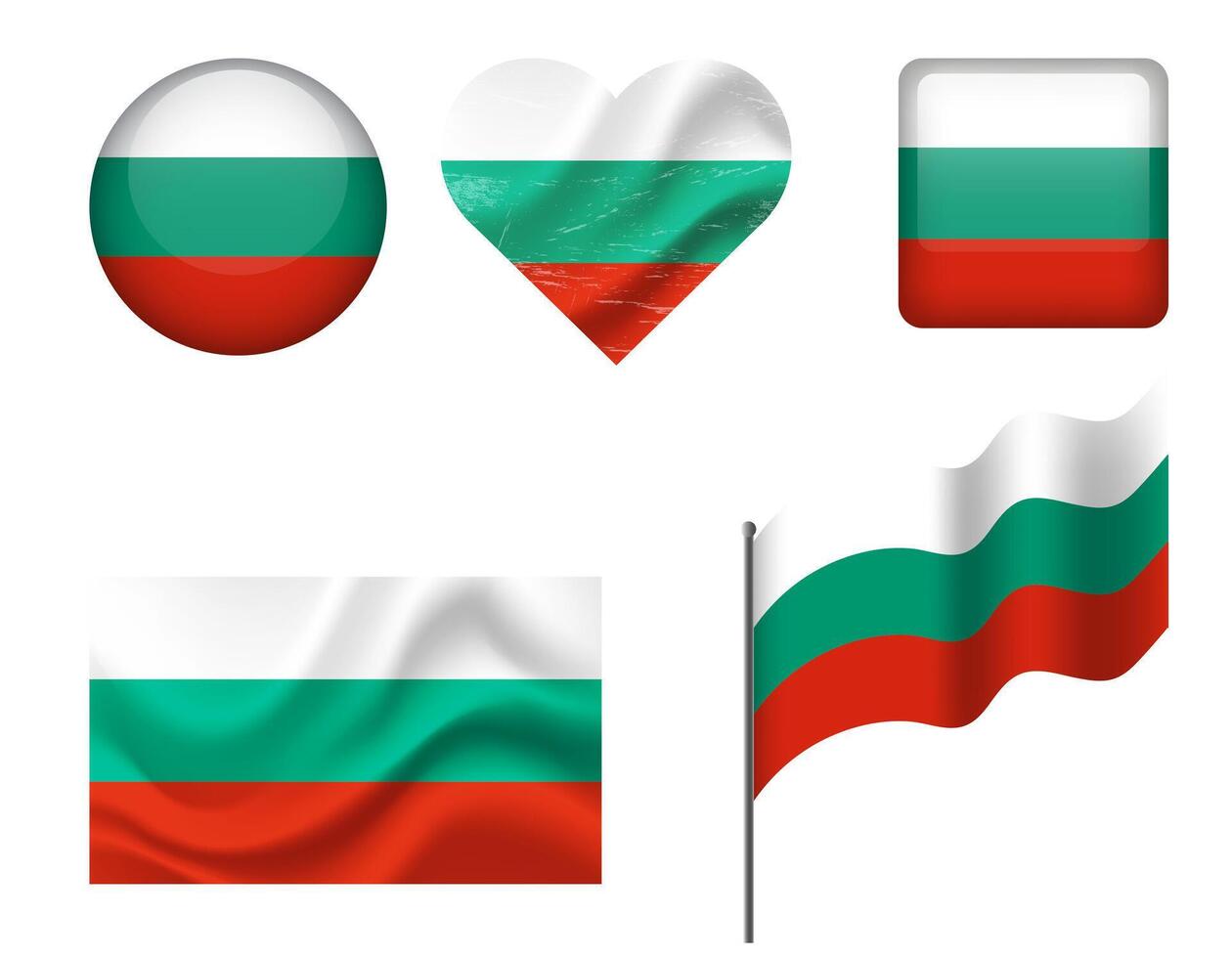 Bulgaria flag set of icons. flag of Bulgaria, symbol. Set of bulgarian flags - button, waved, heart. vector