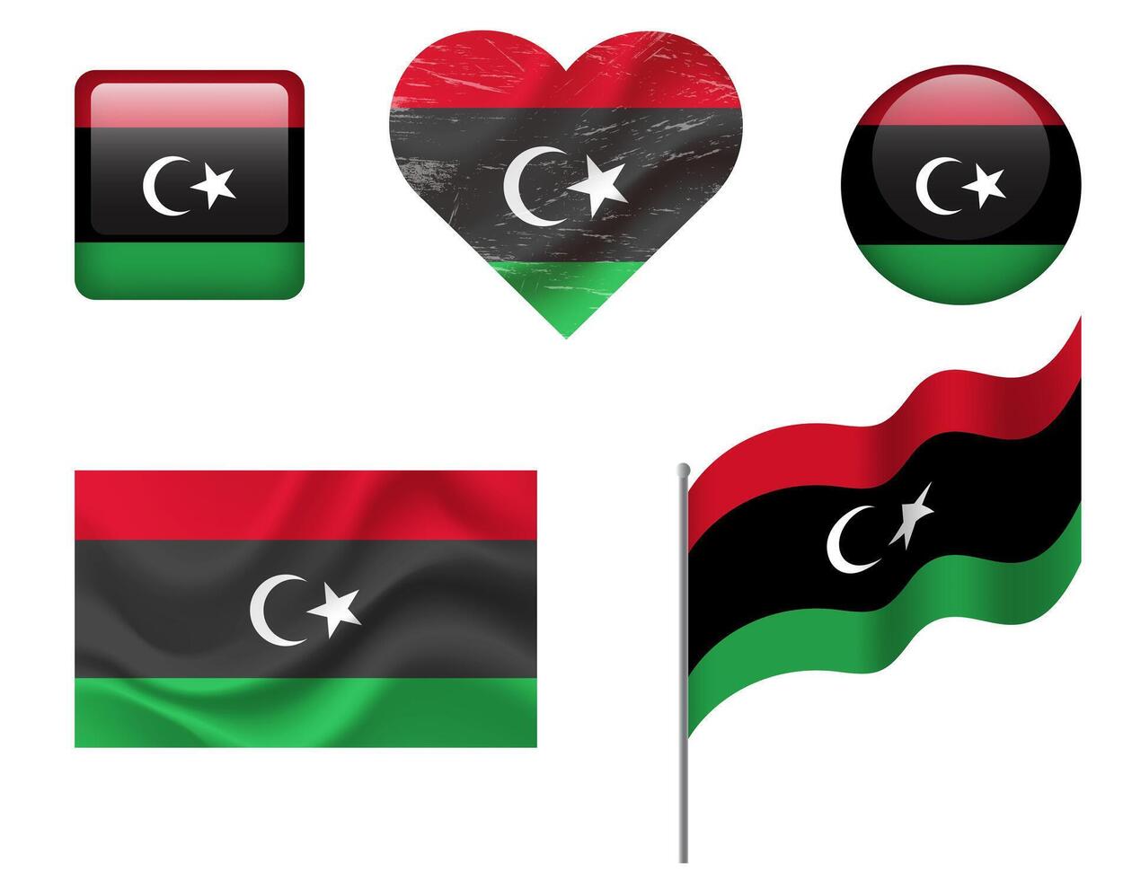 Libya flag set of icons. flag of Libya, symbol. Set of Libya flags button, waved, heart. vector