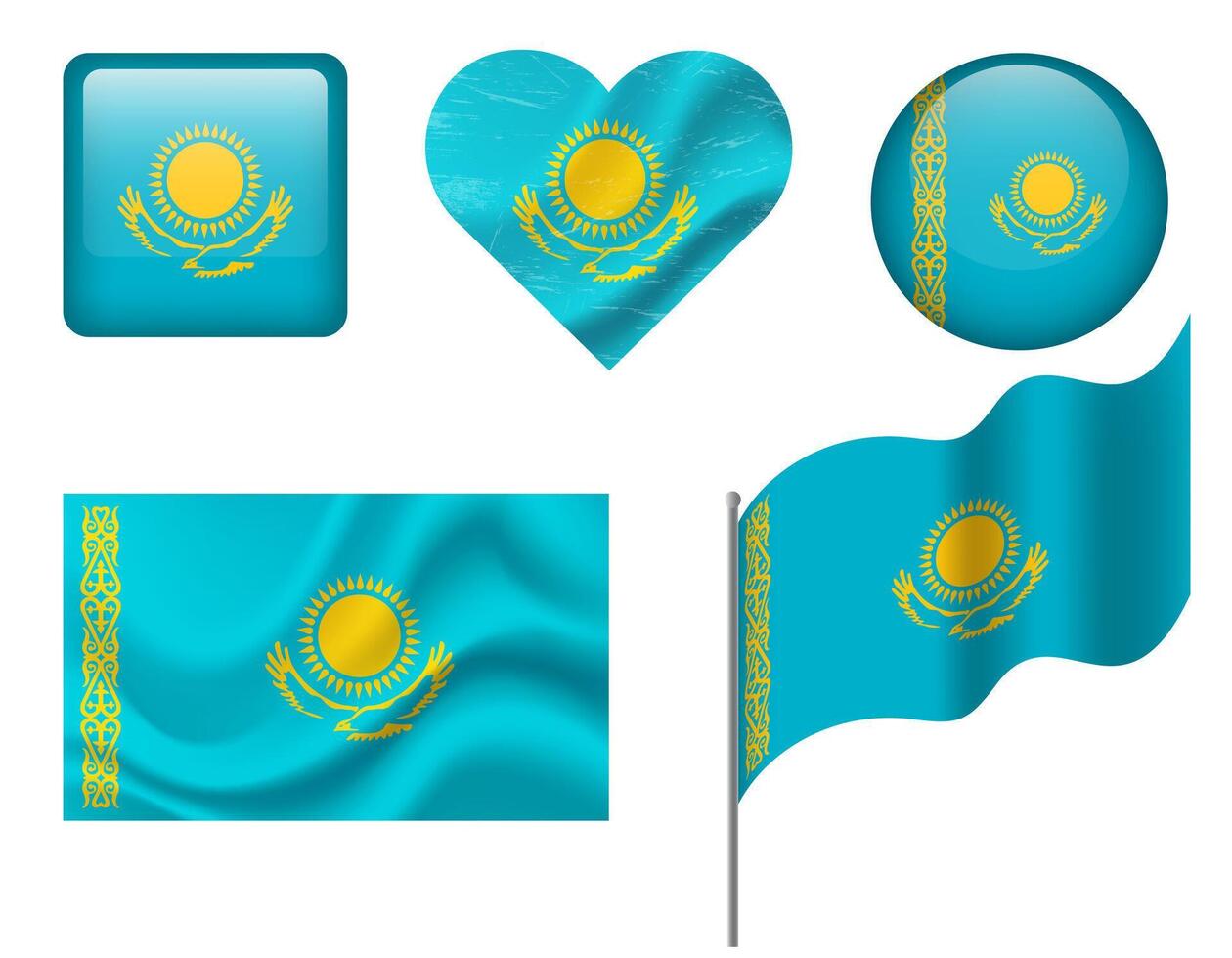 Kazakhstan flag set of icons. flag of Kazakhstan, symbol. Set of Kazakhstan flags button, waved, heart. vector