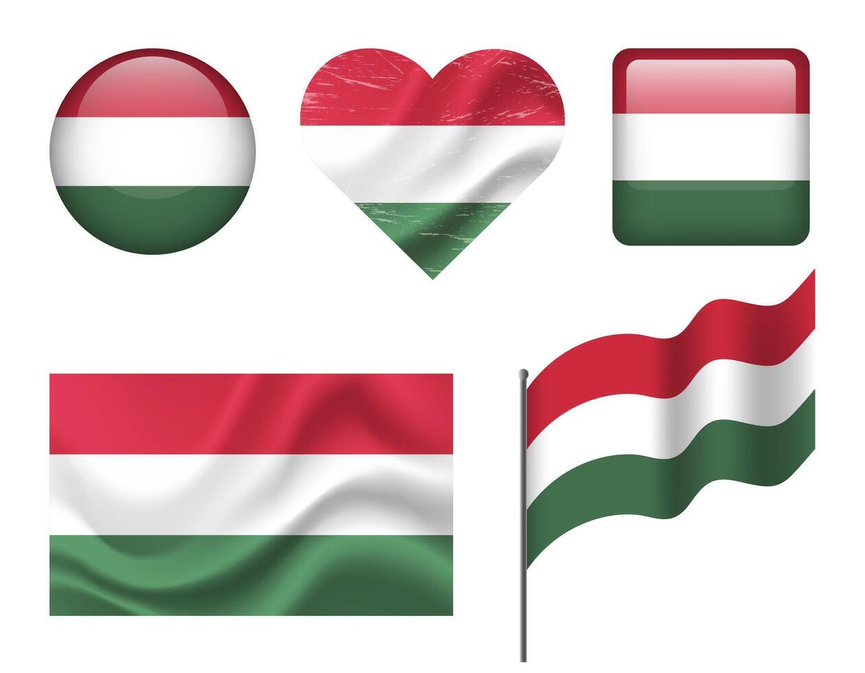 Hungary flag set of icons. flag of Hungary, symbol. Set of hungarian flags - button, waved, heart. vector