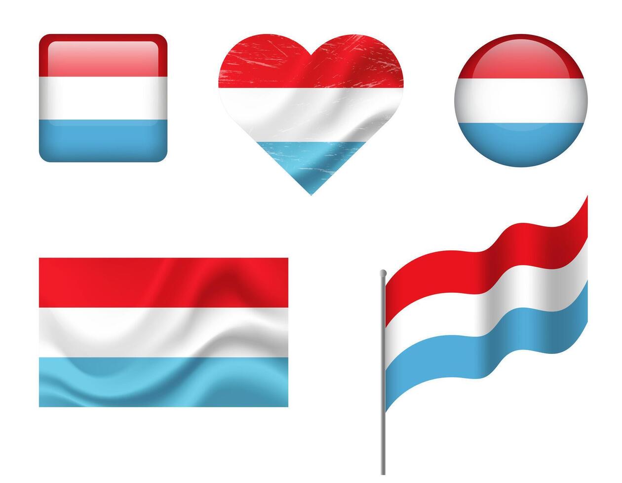 Luxembourg flag set of icons. flag of Luxembourg, symbol. Set of Luxembourg flags button, waved, heart. vector