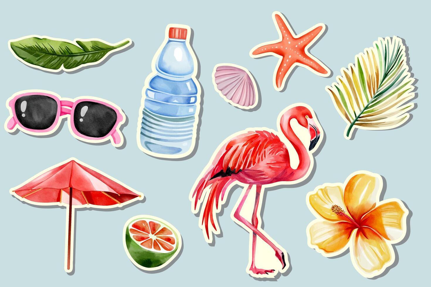 Watercolor summertime stickers. Flamingo. Exotic palm leaves. Summer elements. vector