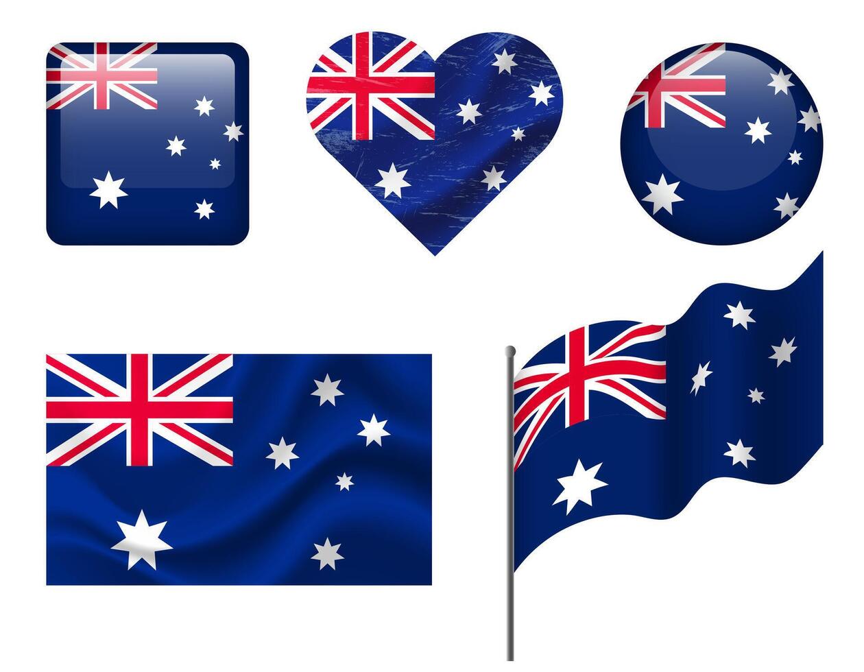 Australia flag set of icons. flag of Australia, symbol. Set of Australia flags button, waved, heart. vector