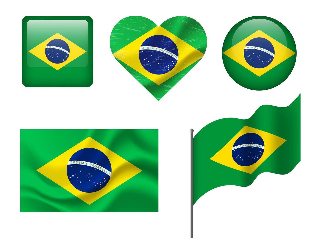 Brazil flag set of icons. flag of Brazil, symbol. Set of Brazilian flags button, waved, heart. vector