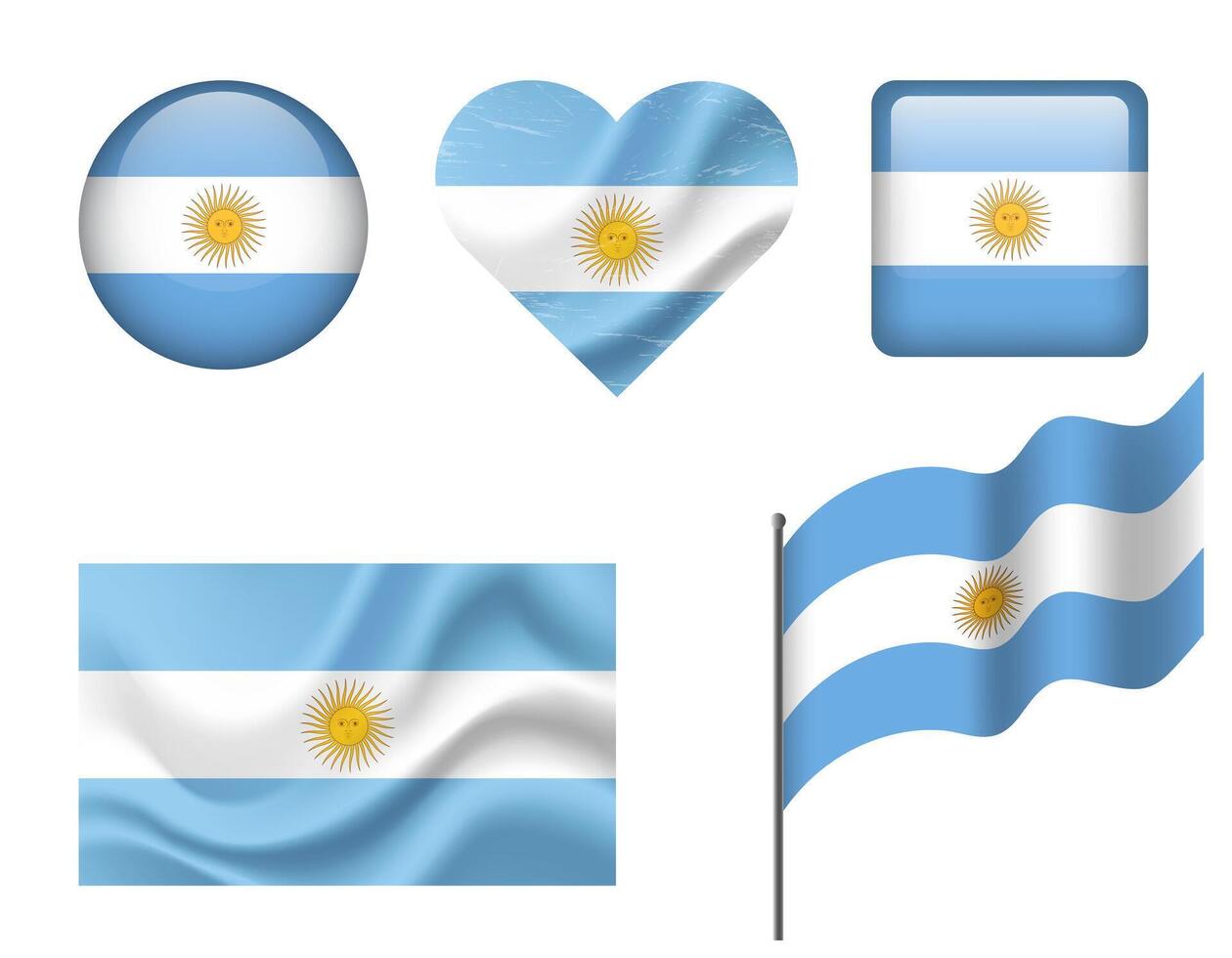 Argentina flag set of icons. flag of Argentina, symbol. Set of Argentinean flags button, waved, heart. vector