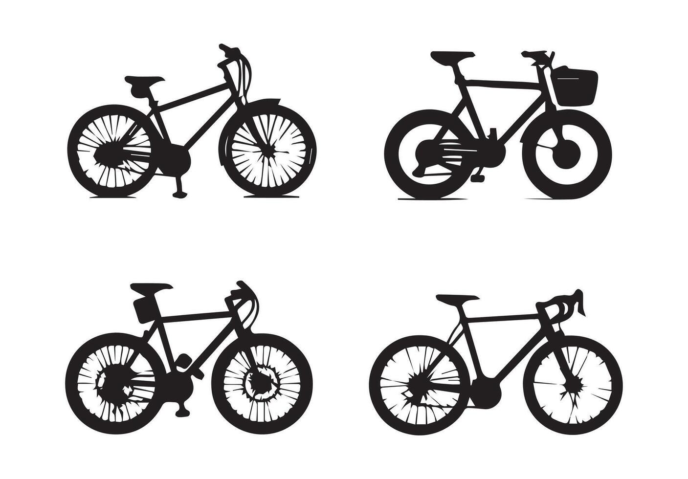 A collection of silhouetted bicycles on an isolated white background in a art image. vector