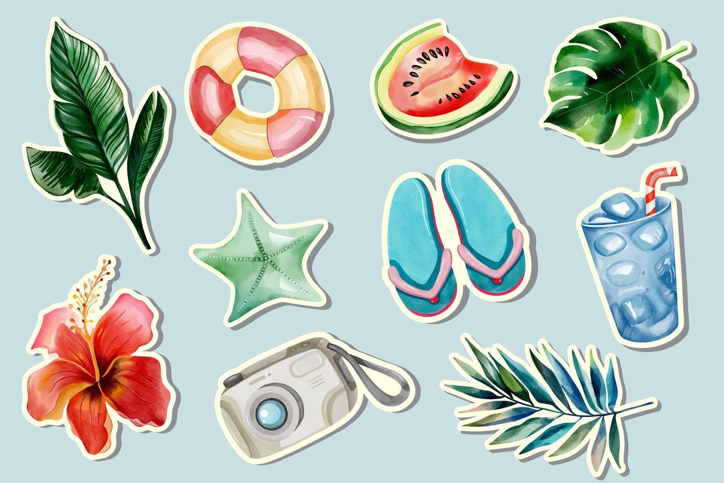Watercolor summer stickers. Beach. Exotic palm leaves. Summertime elements. vector