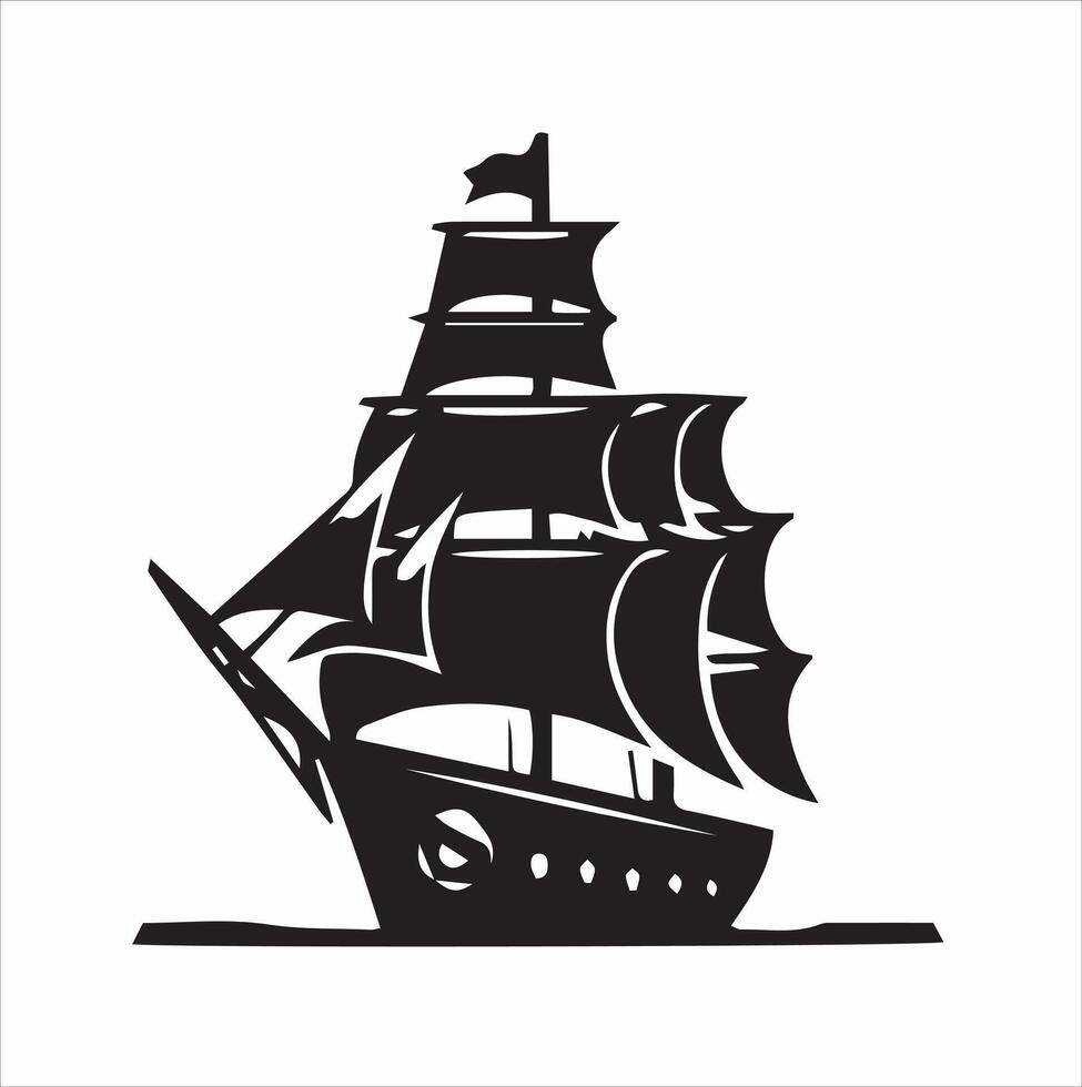 large sailboat ship silhouette, black color silhouette, white background. vector