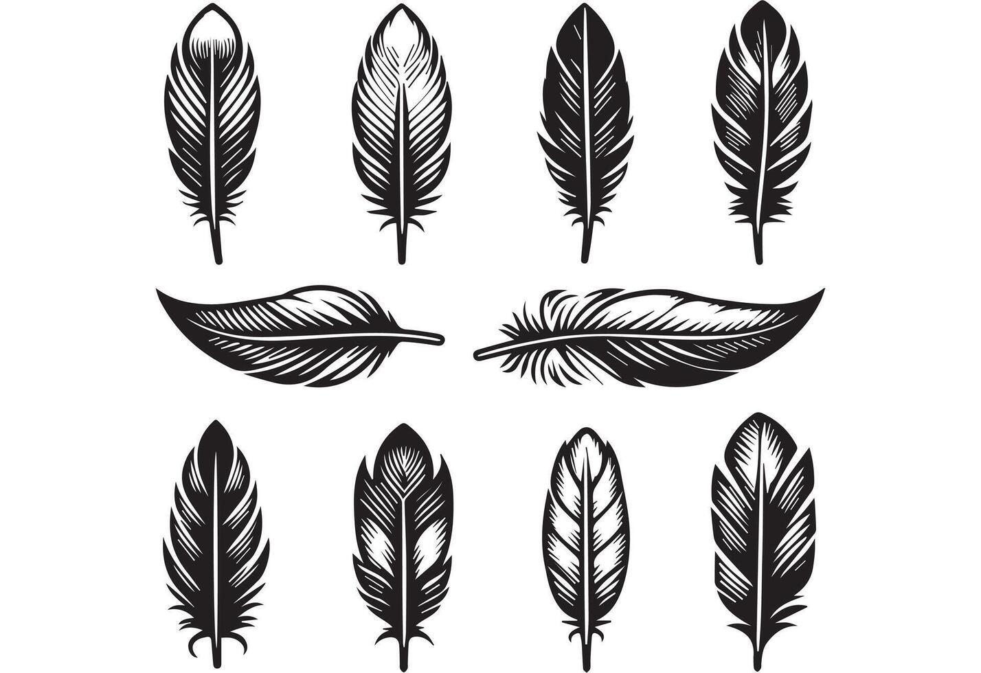 silhouette Feather Set icon type, distinct feather logo position, isolated on a white background vector