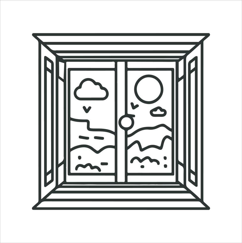 A line-drawn illustration of a window or mirror in black and white. vector