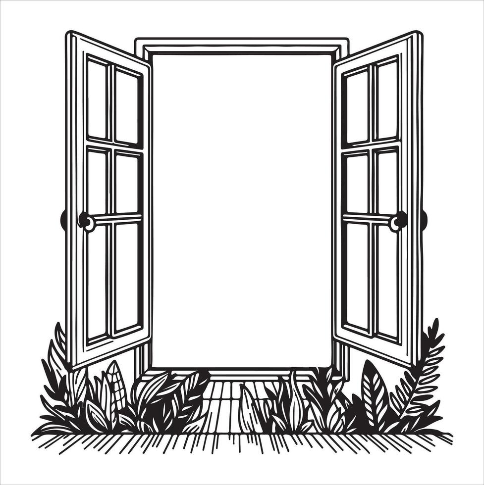 A line-drawn illustration of a window or mirror in black and white. vector