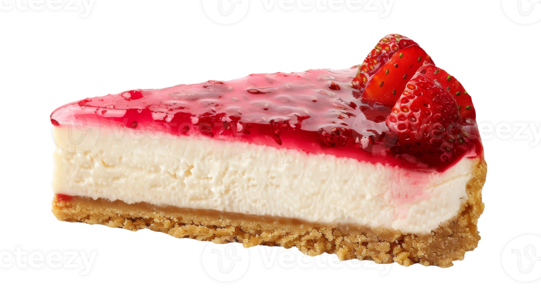 Cheesecake with a graham cracker crust and strawberry topping on the transparent background, Format png