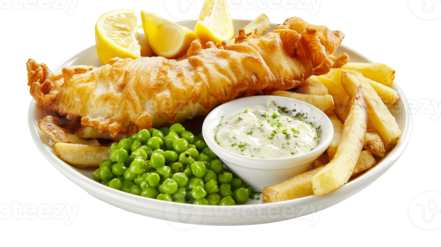 British fish and chips, served with mushy peas and tartar sauce on the transparent background, Format png