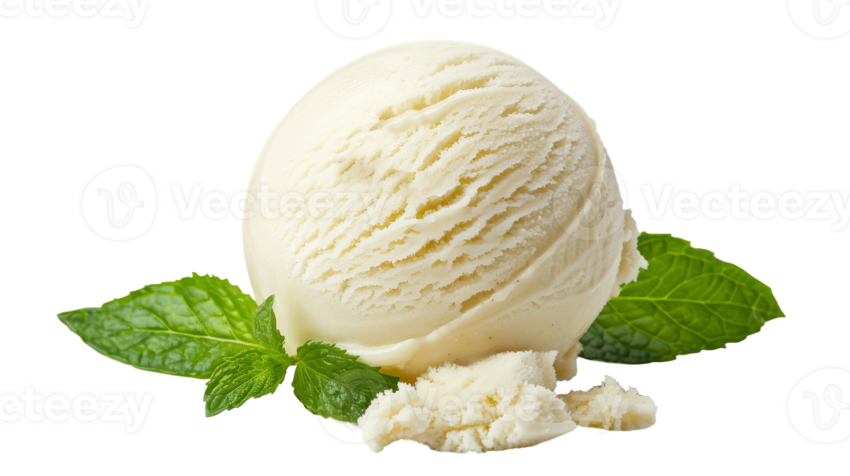 A serving of vanilla ice cream garnished with a mint leaf on the transparent background, Format png