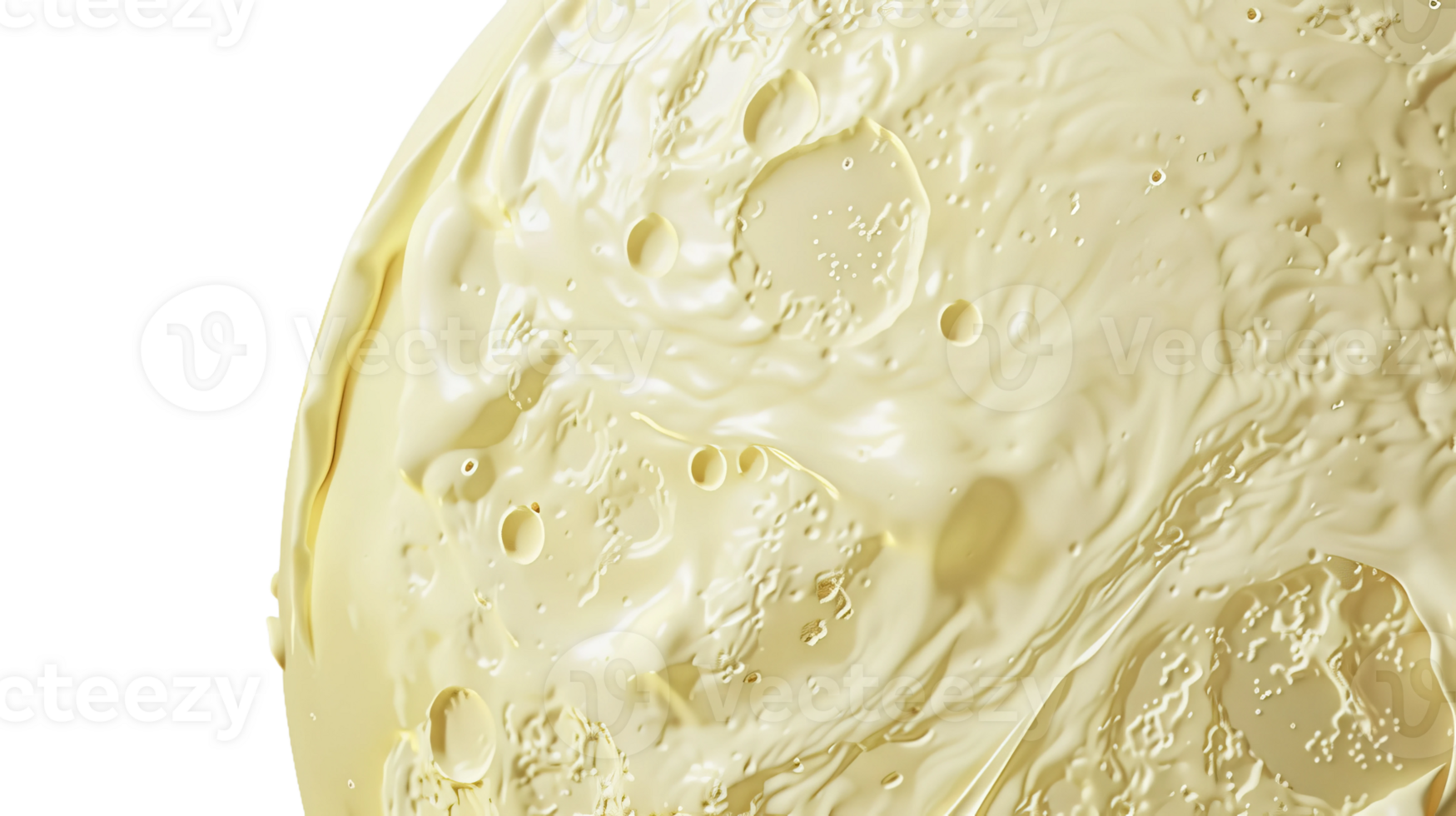 A intricately cratered circular moon sculpted from melting butter on the transparent background, Format png