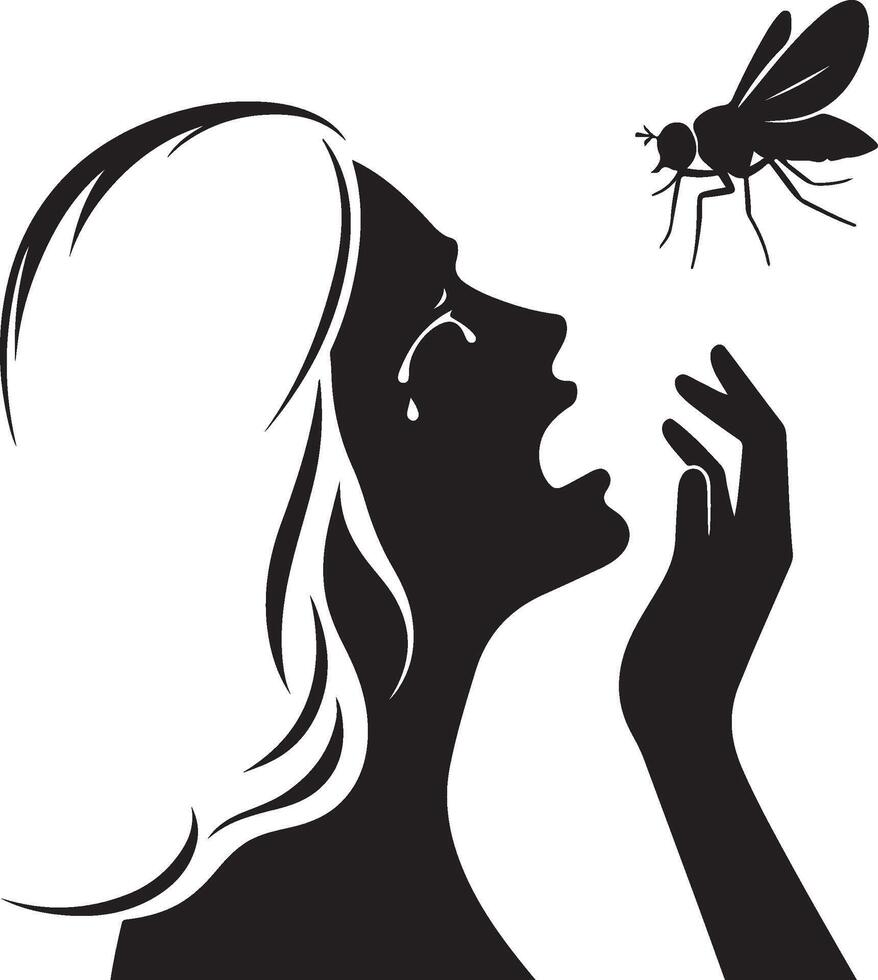 Silhouette of woman who cry at fly on white background. Symbol of fear of insect vector