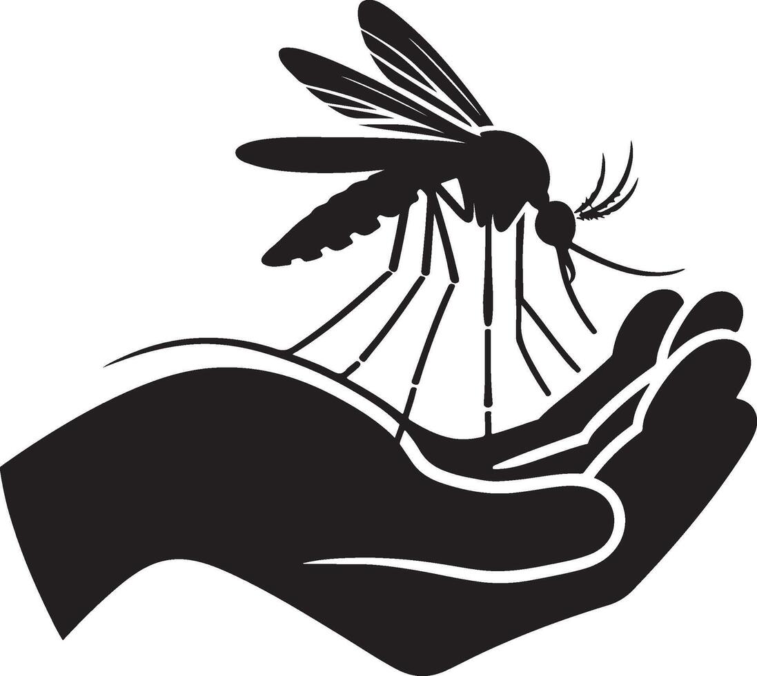 Silhouette of mosquito sitting on human hand on white background. Symbol of insect who annoying people. Danger of malaria and dengue disease vector